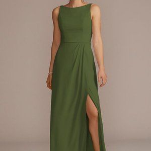 TALL CHIFFON SLEEVELESS TIE-BACK BRIDESMAID DRESS COLOR: MARTINI OLIVE